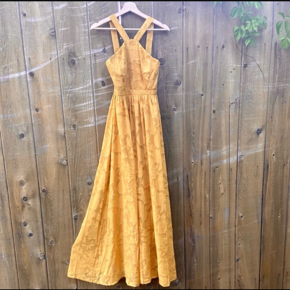Mustard Floral Chiffon Burnout Maxi Dress 🌿
